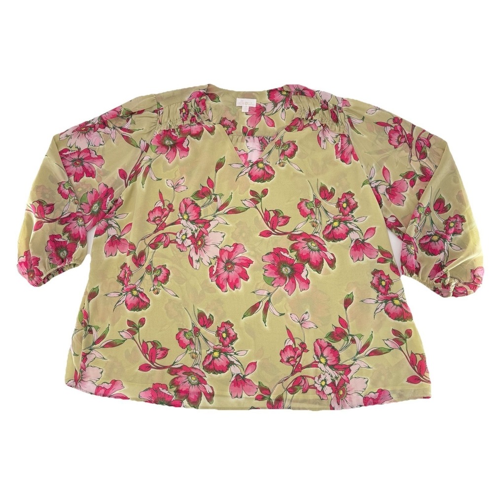 Belle Kim Gravel Plus Size Sheer Chiffon Overlay Blouson Blossom Blouse Sage 3x - Picture 3 of 9